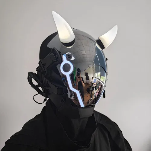 Vista 4 de KYEDAY Máscara punk para hombre, máscara de cuerno de buey LED, tecnología punk futurista, cosplay, Halloween, accesorios para fiestas y festivales