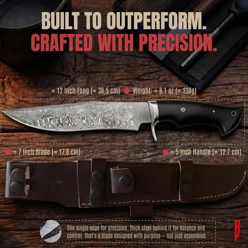 Vista 4 de BIGCAT ROAR Leopard Hunter - Cuchillo de caza hecho a mano de acero de Damasco de hoja fija de 12 pulgadas - Mango de madera de nogal y funda