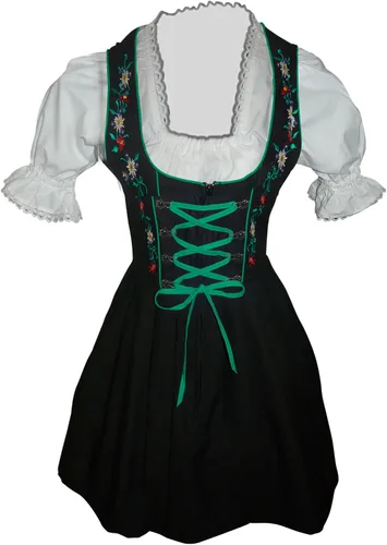 Vista 2 de Mini vestido dirndl bávaro, blusa drindle con delantal, tallas 4 a 22, Di06 (3piezas), VerdeNegro