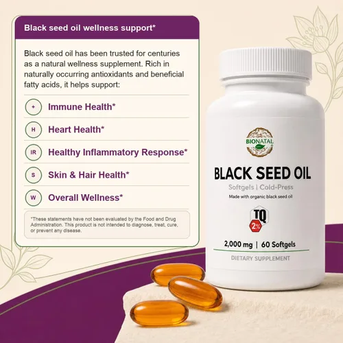 Vista 5 de BioNatal Sofgeles de aceite de semilla negra 2% de timoquinona (TQ) - Cápsulas blandas orgánicas de Nigella Sativa 2,000 mg Aceite de semilla