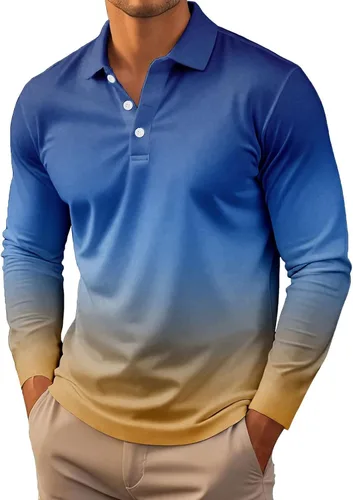 Vista 13 de Polo degradado para hombre, manga larga, con botones, cuello ligero, para golf y tenis
