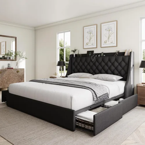 Vista 13 de GalnFu Marco de cama de tamaño completo con 4 cajones de almacenamiento, cabecera tapizada grande tipo wingback, estación de carga rápida,
