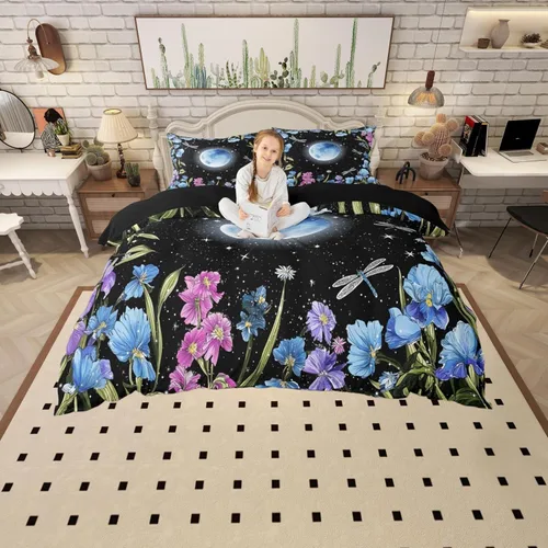 Vista 39 de Juego de ropa de cama de animales de gato misterioso, bohemio, exótico, tribal, abstracto, arte abstracto, juego de funda de edredón para decoración