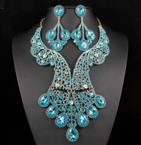 Vista 2 de Janefashions Peacock Feather Teal Austrian Rhinestone Crystal Statement Collar Pendientes Set Gargantilla Show Beauty Queen N820t, Cristal