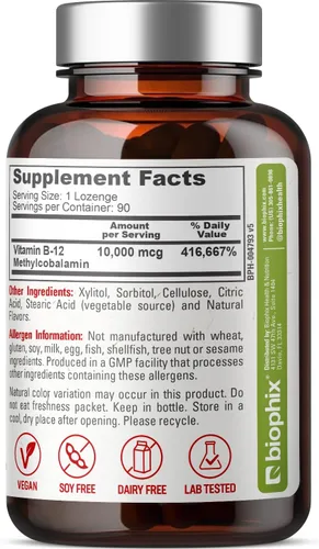 Vista 8 de biophix Metil B-12 10000 mcg 90 pastillas veganas sabor cereza extra fuerte - Apoya el sistema nervioso salud inmune metabolismo flujo sanguíneo