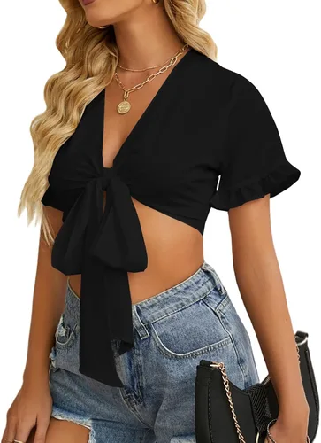 Vista 4 de LYANER Blusa corta de manga corta con cuello en V profundo y nudo frontal para mujer