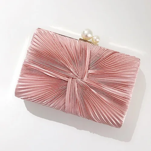 Vista 5 de RAN Bolso de satén con cierre de perlas sintéticas, bolso de banquete para mujer con cadena cruzada (color rosa)