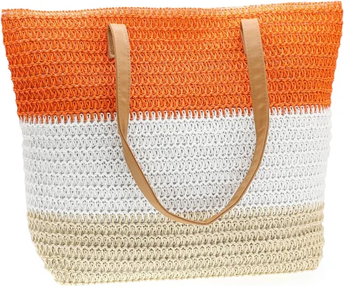 Vista 52 de Bolso grande de paja para mujer, tejido de ratán, bolso de playa de verano, a rayas