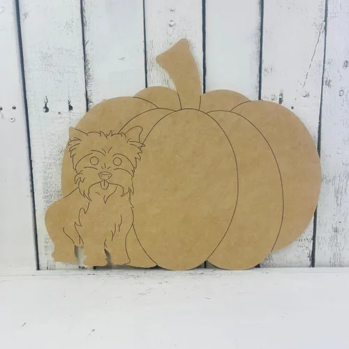 Vista 2 de Calabaza con Yorkie, forma de otoño, recorte de madera sin terminar, pintura por línea