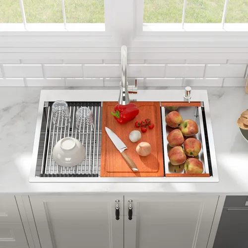 Vista 19 de Fregadero de cocina negro de 30"x19", estación de trabajo con revestimiento nano, acero inoxidable 304 calibre 16, hecho a mano, montaje superior