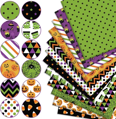 Vista 3 de Whaline 12 paquetes de tela de algodón de Halloween de 10 x 10 pulgadas, tela de monstruo de calabaza, telas de costura coloridas para decoración