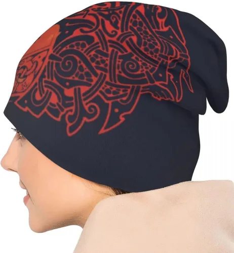 Vista 7 de Gorro de lobo vikingo con diseño de lobo nórdico de fenrir nórdico impreso, cálido, holgado, unisex, para pareja
