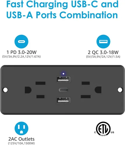 Vista 2 de HHSOET Regleta de enchufes empotrable 5 en 1 con enchufe plano, tomacorriente para muebles de carga rápida de 20W con USB, enchufe empotrable