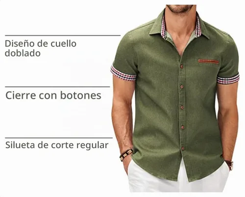 Vista 4 de COOFANDY Camisas casuales de manga corta de algodón con botones para hombre Verde militar