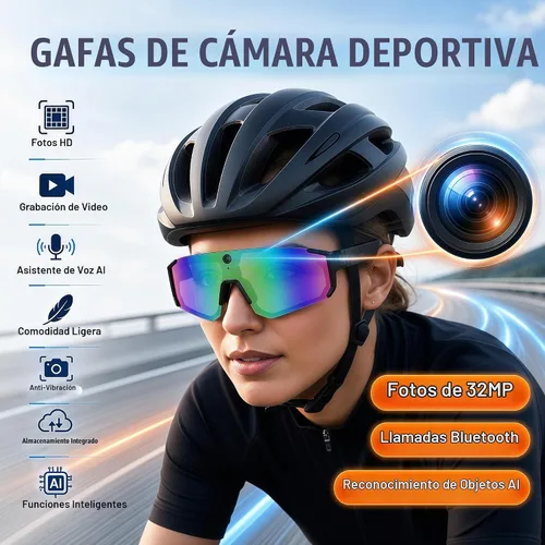 Vista 2 de Gafas de sol inteligentes Sport AI con cámara POV 4K (negro/azul hielo) Audio y video, traducción en tiempo real, asistente de voz AI
