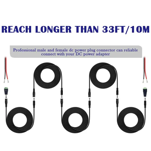 Vista 3 de 4 cables de extensión de alimentación de 12 V CC de 33 pies (32.8 ft) con conectores adaptadores de conector de alimentación (2 machos + 2 hembra)
