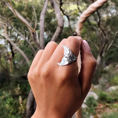Vista 2 de Giwotu - Anillo de sirena mística para mujer, estilo vintage, plata antigua, cola de ballena midi