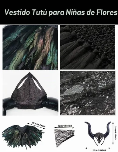 Vista 3 de L'VOW Vestido de princesa de encaje tutú de tul para Halloween con cuernos de demonio, capa de plumas