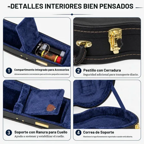 Vista 8 de Crossrock Estuche de madera para guitarra clásica de tamaño completo 4/4, diseño superior arqueado, interior de felpa, pestillos de metal Negro
