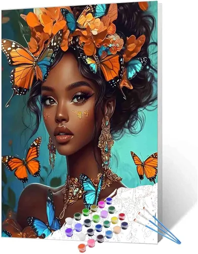 Vista 22 de Pintura de niña afro a la moda, kits de pintura por números, 16 x 20 pulgadas, lienzo de hojas tropicales, pintura al óleo para niños y adultos