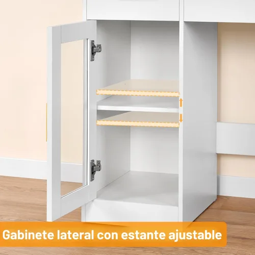 Vista 9 de BEWISHOME Tocador Grande de 49.2" con Espejo y Luces, Mesa de Maquillaje Blanca con Superficie de Vidrio, Taburete, Escritorio de Maquillaje