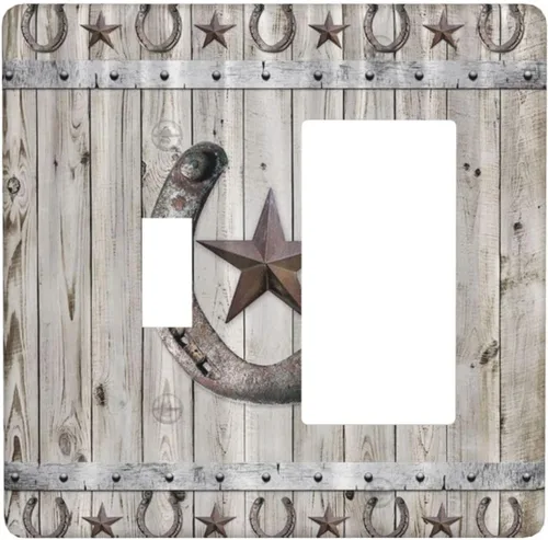 Vista 33 de Cubiertas de pared de estilo rústico occidental de madera puerta de granero herradura de hierro estrella placas de pared simple dúplex cubiertas
