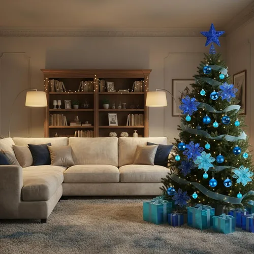 Vista 5 de Skylety Juego de 104 piezas de decoraciones para árbol de Navidad, adorno colgante azul de Navidad, bolas para árbol, estrella para la punta, flor