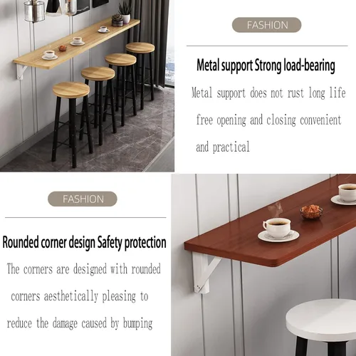 Vista 6 de Mesa de comedor plegable montada en la pared, mesa plegable de madera, mesa larga y estrecha, adecuada para tienda de té con leche, mesa de bar