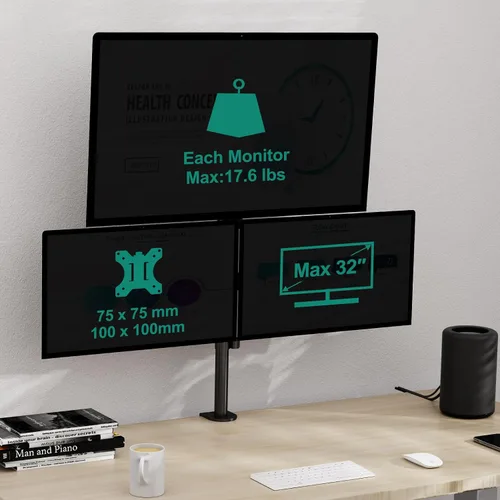 Vista 5 de Soporte de escritorio triple para monitor, montaje de escritorio para tres pantallas de hasta 32 pulgadas, brazo de monitor apilable para 3