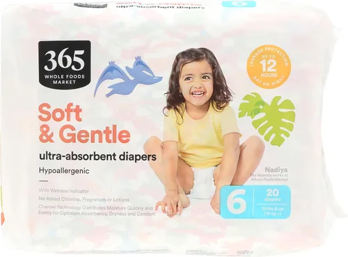 Vista 2 de 365 by Whole Foods Market, Pañales suaves y suaves de tamaño 6 con indicador de humedad, ultraabsorbentes, hipoalergénicos, ultraabsorbentes, 20