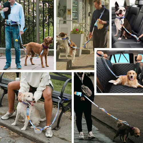 Vista 7 de Roses&Poetry - Correa para perros manos libres con bolsa con cremallera, correa elástica de 1.83-2.74m para perros medianos y grandes, correa