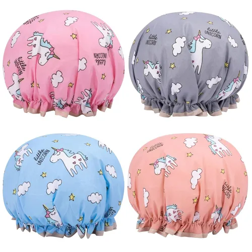 Vista 10 de 4 Piezas Gorros de Ducha para Mujeres y Niña, Gorro de Baño Reutilizable e Impermeable con Doble Capa Impermeable, Patrón de Pájaro y Corazón
