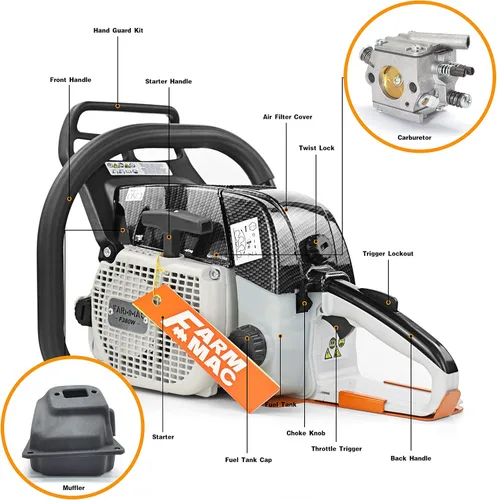 Vista 5 de Motosierra de gasolina de 2 ciclos F380W 72cc, motosierra de gas de 3.6KW 4.8HP apta para barra de 24/25/28 pulgadas, todas las piezas compatibles