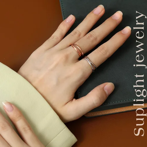 Vista 3 de Suplight Anillos entrelazados de plata de ley para mujer, anillo simple para ansiedad, anillos de polvo de estrellas lisos, anillo apilable
