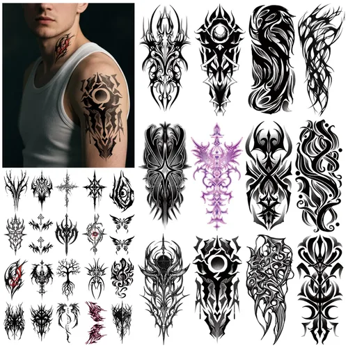 Vista 15 de 77 hojas de tatuajes temporales realistas en 3D para adultos y niños, calavera de araña, tigre, león, dragón, serpiente, tatuajes temporales