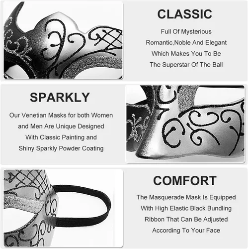 Vista 3 de Máscara veneciana para hombres y parejas, máscara veneciana para Halloween, Mardi Gras, fiesta, baile de graduación