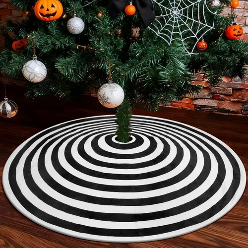 Vista 8 de Falda de árbol de Navidad en blanco y negro de 36 pulgadas, pequeña falda de terciopelo en espiral para árbol de Halloween, tapete de árbol