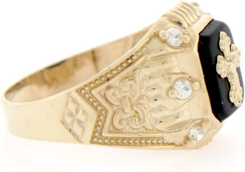 Vista 4 de Joyería liquidación 10k oro amarillo crucifijo Onyx CZ anillo religioso para hombre