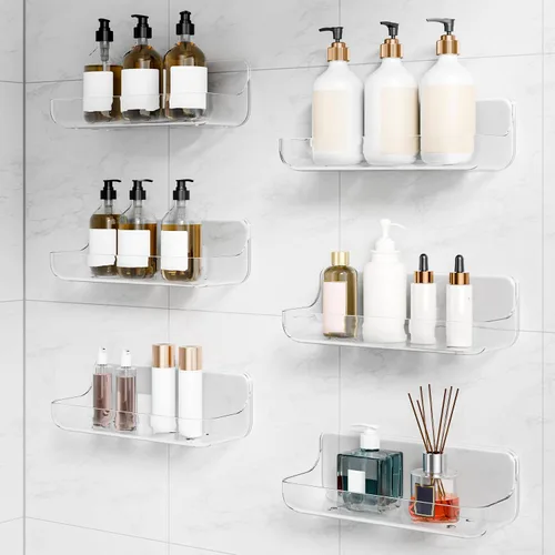 Vista 9 de Organizador adhesivo para ducha, paquete de 2 estantes acrílicos para baño, sin taladro, organizador de montaje en pared, estante de almacenamiento