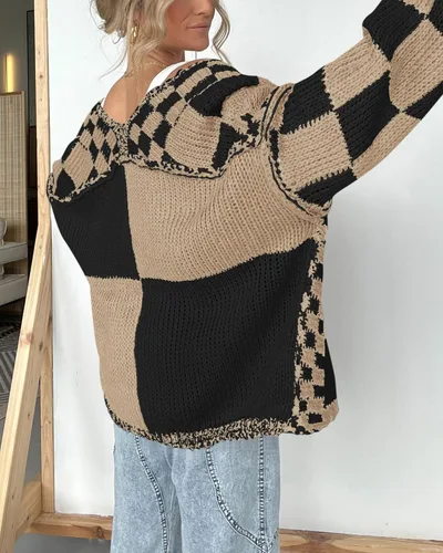 Vista 6 de BTFBM Suéter tipo cárdigan casual para mujer, suéteres de manga larga para Caqui negro (Khaki Black)