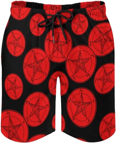 Vista 4 de Satanic Baphomet - Pantalones cortos de playa con símbolo de cabra con forro de malla, de secado rápido, cintura elástica con cordón