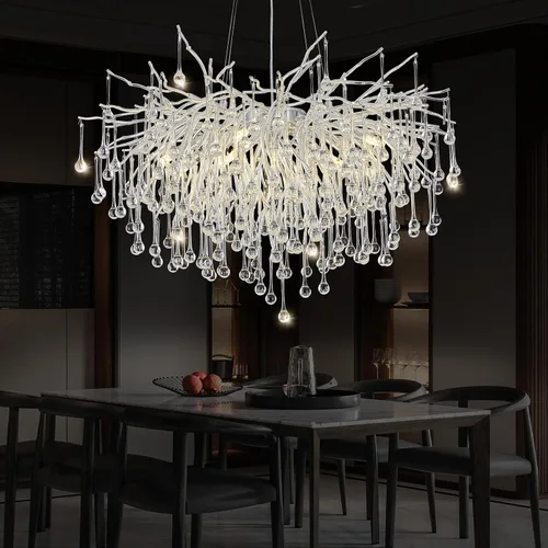 Vista 10 de Candelabro de cristal negro de 23.6 pulgadas, moderno colgante de techo de flores, iluminación colgante de rama de árbol, gota de lluvia, lámpara