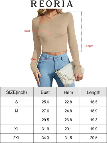 Vista 5 de REORIA Camiseta sexy de manga larga con cuello asimétrico para mujer, acanalada, ajustada, ajustada