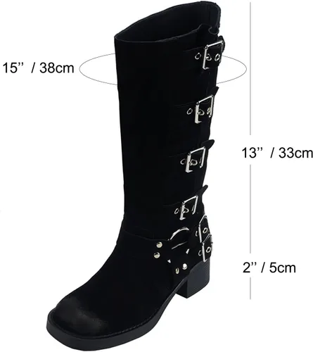 Vista 5 de Vertundy Botas altas hasta la rodilla para mujer, botas de tacón bajo grueso de pantorrilla ancha, botas vaqueras de equitación occidental, botas