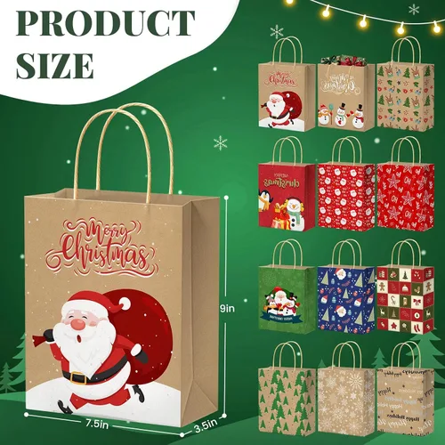 Vista 2 de DeckTheHalls Paquete de 12 Bolsas de Regalo de Navidad con 12 Estampados Elegantes, Bolsas Tote de Navidad con Asa Resistente, Bolsas de Regalo