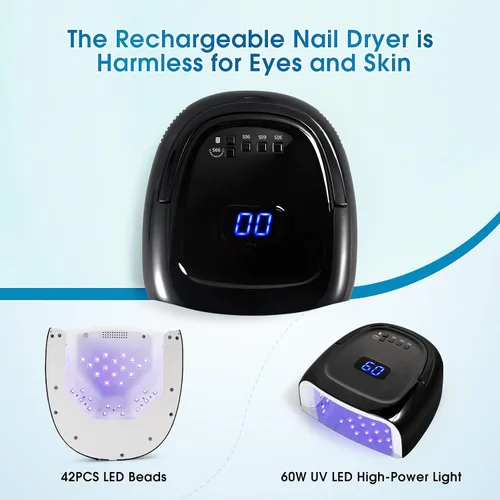 Vista 5 de Lámpara de uñas LED recargable de 60 W, lámpara de gel inalámbrica con mango portátil y 42 cuentas de lámpara, sensor automático UV LED secador