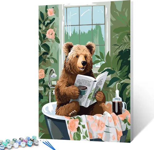 Vista 28 de Pintura por números para adultos, baño, animales, bricolaje, pintura al óleo digital, pintura acrílica, cebra, arte de pared, hojas verdes, bañera