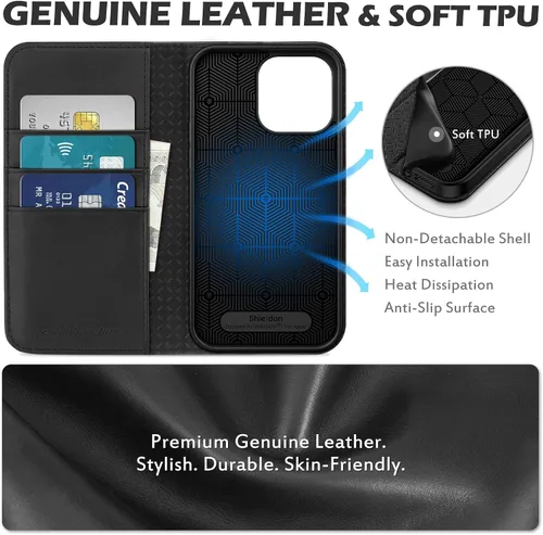Vista 8 de SHIELDON - Funda tipo cartera de piel auténtica para iPhone 14 Pro Max de 6.7 pulgadas 2022, color negro Magnetic Closure, RFID Blocking, Credit