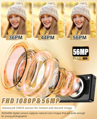 Vista 2 de Nueva cámara digital 2025, 56MP FHD 1080P para niños con zoom digital de 16x, antivibración, detección facial, captura de sonrisas, tarjeta TF de 32