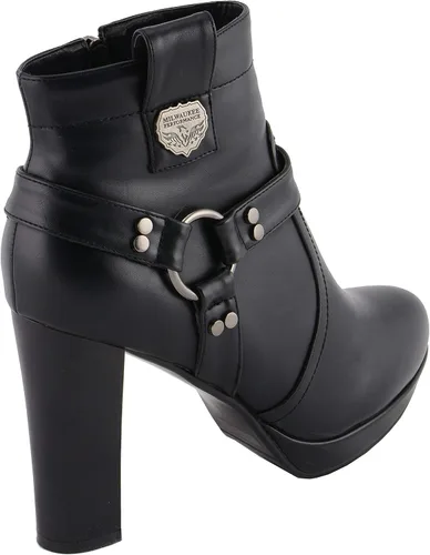 Vista 4 de Milwaukee Leather MBL9432 - Botines negros con arnés para mujer con tacón de bloque